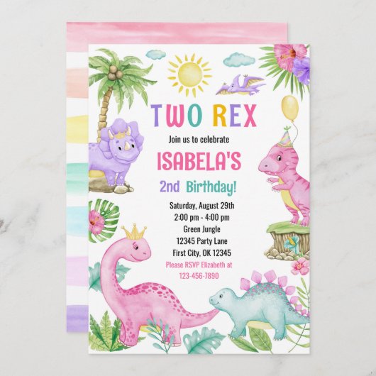 2つのレックス恐竜誕生日招待状 招待状 (正面/裏面)