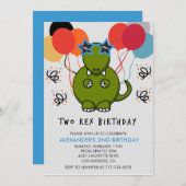 2つのレックス誕生日招待状かわいい子供ディノ 招待状 (正面/裏面)