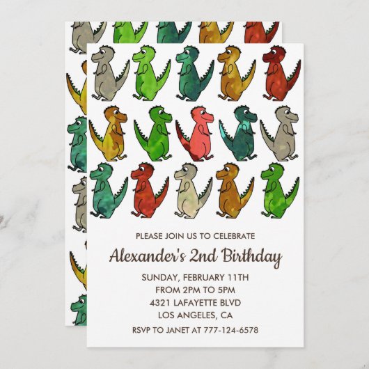 2つのレックス誕生日招待状dinomiiteパーティー子供 招待状 (正面/裏面)