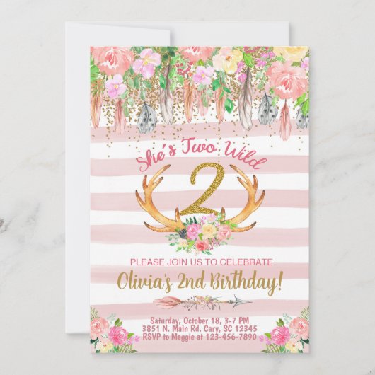2つのワイルドウッドランド〔雄ジカの〕枝角女の子の誕生日招待状。 招待状 (正面)