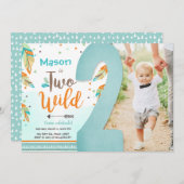 2つのワイルドボホトライバルフェザーズボーイ第2誕生日 招待状 (正面/裏面)