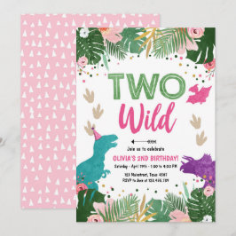 2つのワイルド·ディノ·パーティー·ガール·ピンク·ディノザロウ·誕生日 招待状