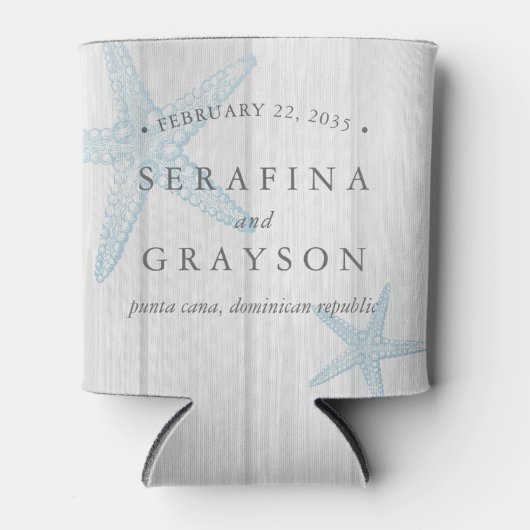 2つのヴィンテージスターフィッシュオンウッド素朴ビーチ結婚式 缶クーラー (正面)