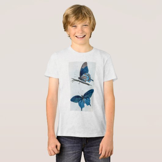 2つのヴィンテージブルー蝶 トライブレンドＴシャツ (正面全面)