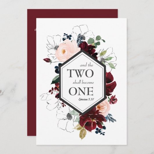 2つの一つのマルーンフラワー結婚式招待状 招待状 (正面/裏面)