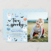 2つの不気味ブルーハロウィン幽霊2nd誕生日の写真 招待状 (正面/裏面)