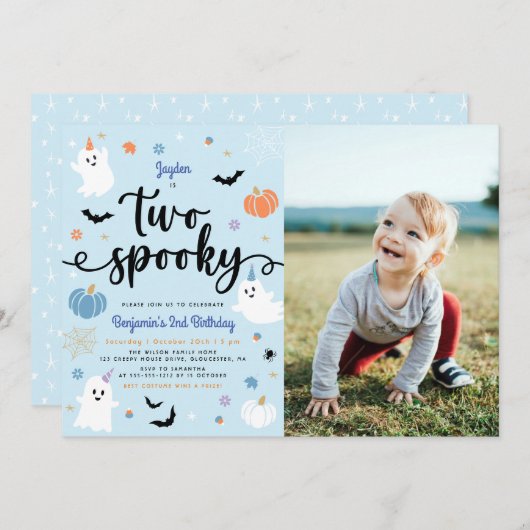 2つの不気味ブルーハロウィン幽霊2nd誕生日の写真 招待状 (正面/裏面)