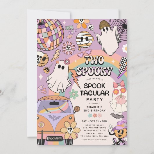 2つの不気味レトロおもしろいハロウィーン2回目の誕生日パーティー 招待状 (正面)