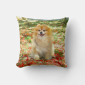 2つの写真のかわいいポメラニア犬犬の赤の花 クッション (正面)