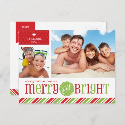 2つの写真のクリスマスの郵便はがき:: メリーで及び明るい3 シーズンポストカード (正面/裏面)