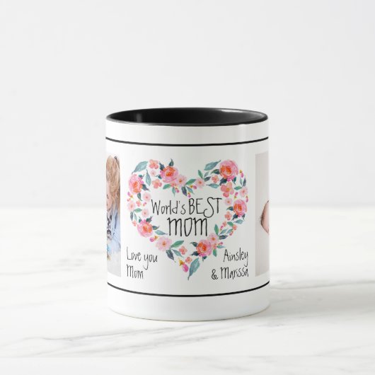 2つの写真の世界で最も最高のなお母さんのピンクの花のハートのリース マグカップ (中央)