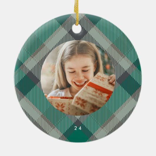 2つの写真の格子緑エレガントなクリスマスホリデー セラミックオーナメント (裏面)
