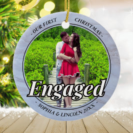 2つの写真の私たちの初めてのクリスマス婚約したフェイク大理石 セラミックオーナメント