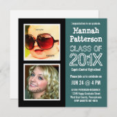 2つの写真を持つティール(緑がかった色)の卒業パーティー 招待状 (正面/裏面)