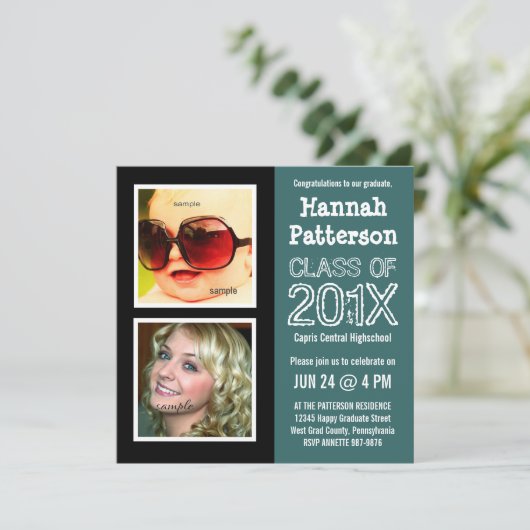 2つの写真を持つティール(緑がかった色)の卒業パーティー 招待状 (スタンド正面)