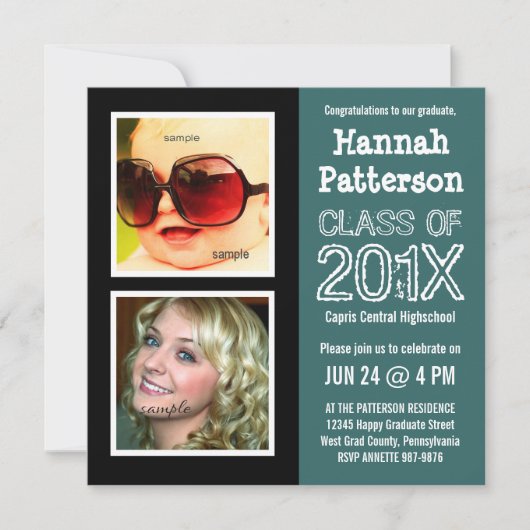 2つの写真を持つティール(緑がかった色)の卒業パーティー 招待状 (正面)