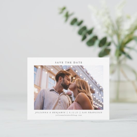 2つの写真ミニマルモダンエレガントリストの日付を保存 ポストカード (スタンド正面)