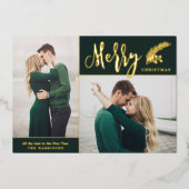 2つの写真メリーエレガントクリスマス |緑 箔シーズンカード (正面)