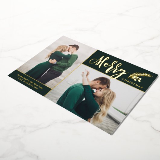 2つの写真メリーエレガントクリスマス |緑 箔シーズンカード (回転した状態)