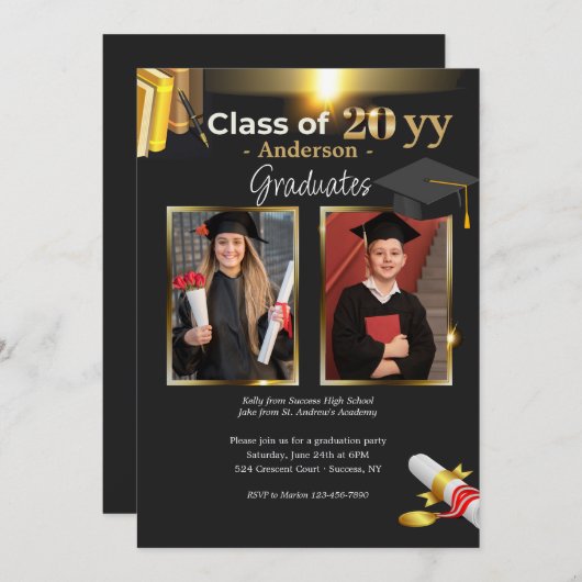2つの写真卒業パーティー招待状 招待状 (正面/裏面)