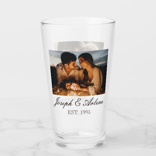 2つの写真、名前、日付、文字 | 16ozピントガラス タンブラーグラス (正面)