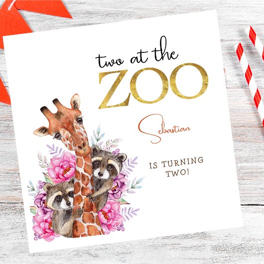 2つの動物園サファリ動物の子供の誕生日パーティー スタンダードランチョンナプキン