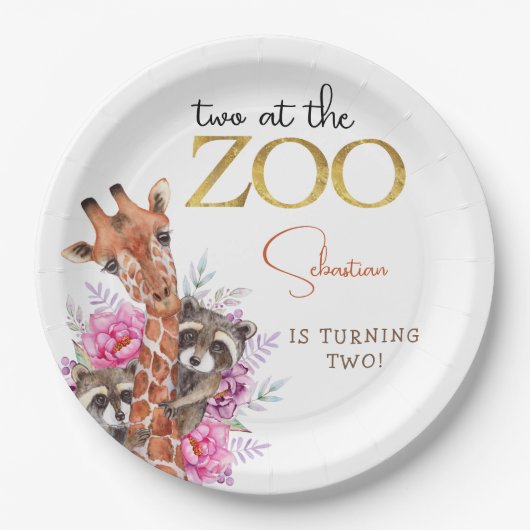 2つの動物園サファリ動物の子供の誕生日パーティー ペーパープレート (正面)