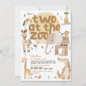 2つの動物園サファリ動物の子供の誕生日パーティー 招待状 (正面)