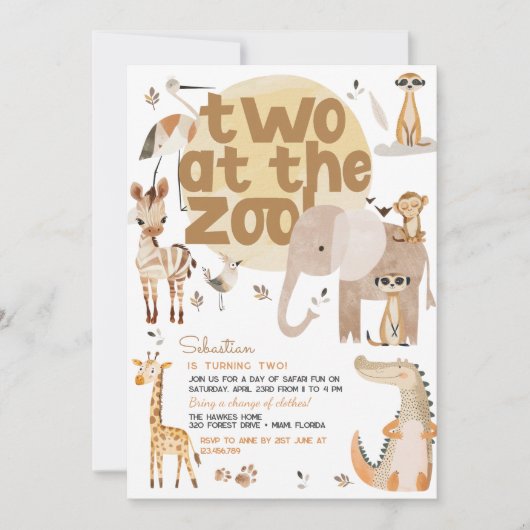 2つの動物園サファリ動物の子供の誕生日パーティー 招待状 (正面)