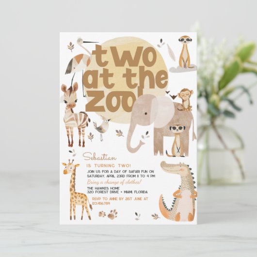 2つの動物園サファリ動物の子供の誕生日パーティー 招待状 (スタンド正面)
