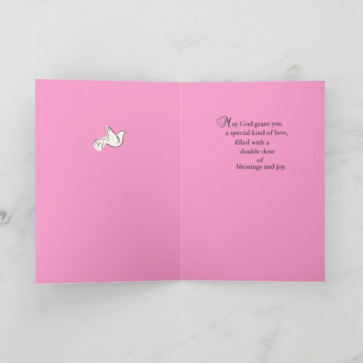 2つの十字との中型のピンクの双生児の洗礼カード カード (内部)