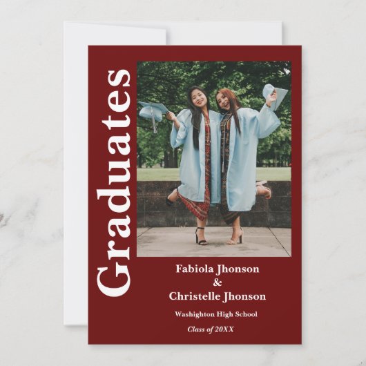 2つの卒業兄弟姉妹バーガンディ卒業 招待状 (正面)