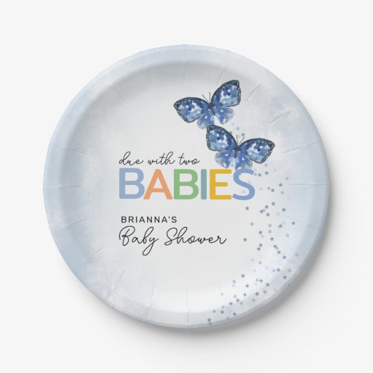 2つの双子の赤ちゃんシャワーと青い蝶がデュースアップ ペーパープレート (正面)