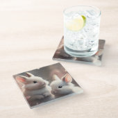 2つの可愛いウサギと桜ガラスのコースター ガラスコースター (アングル)