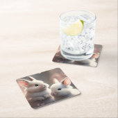 2つの可愛いウサギと桜スクエア紙コースター スクエアペーパーコースター (インサイチュ)