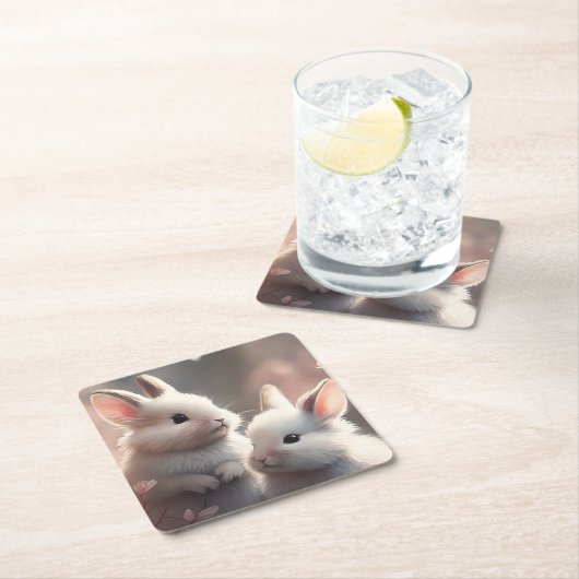 2つの可愛いウサギと桜スクエア紙コースター スクエアペーパーコースター (インサイチュ)