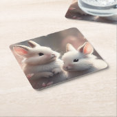 2つの可愛いウサギと桜スクエア紙コースター スクエアペーパーコースター (アングル)