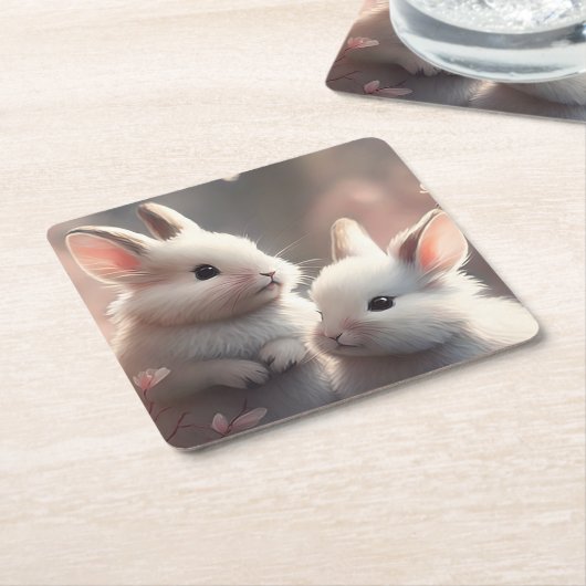 2つの可愛いウサギと桜スクエア紙コースター スクエアペーパーコースター (アングル)