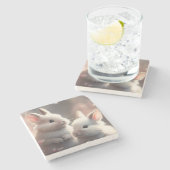 2つの可愛いウサギと桜ストーンコースター ストーンコースター (横)