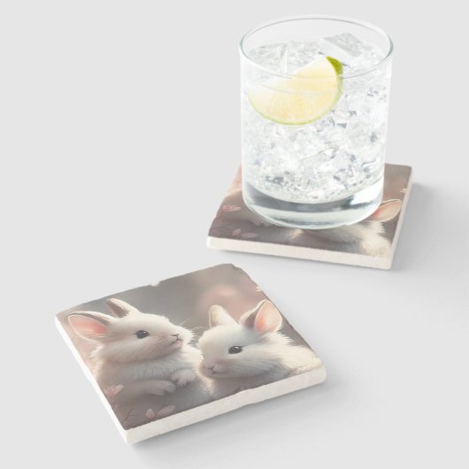 2つの可愛いウサギと桜ストーンコースター ストーンコースター (横)