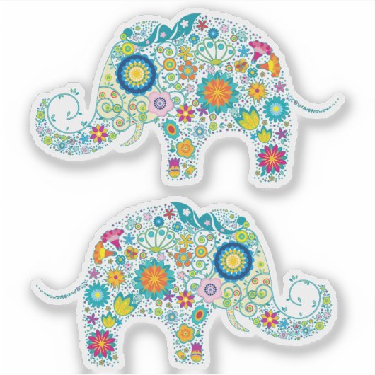2つの可愛いカラフルレトロフローラゾウ シール (正面)