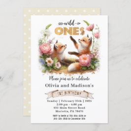 2つの可愛いキツネワイルドワンツイン誕生日 招待状