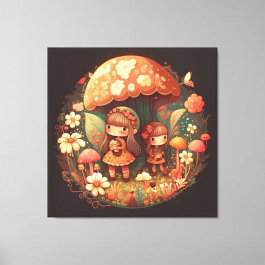 2つの可愛い小さな女の子小妖精や小人ストレッチキャンバス印刷 キャンバスプリント (正面)