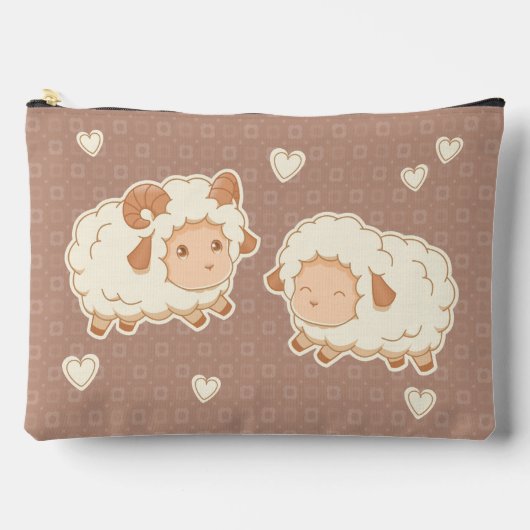 2つの可愛い小さな羊のラムエウオンブラウン アクセサリーポーチ (正面)