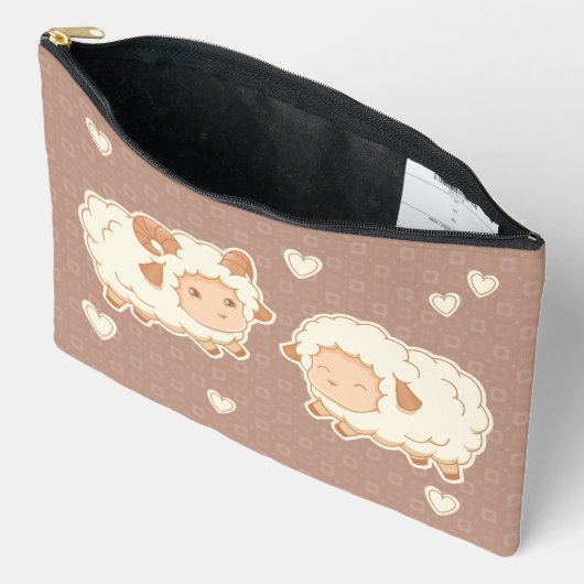 2つの可愛い小さな羊のラムエウオンブラウン アクセサリーポーチ (見開き)