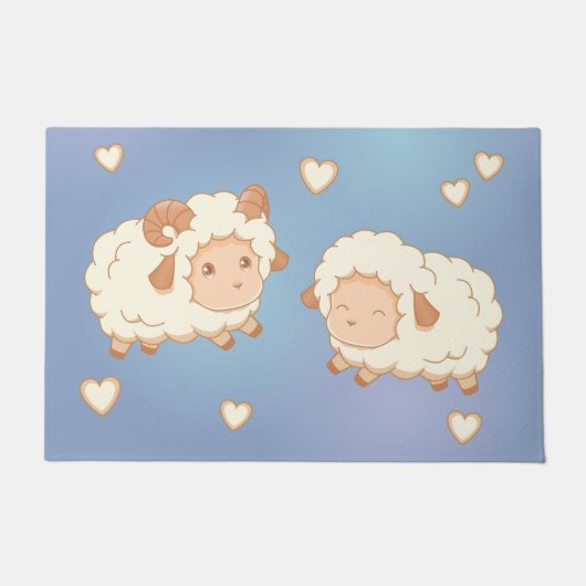 2つの可愛い小さな羊ラムエウオンブルー ドアマット (正面)