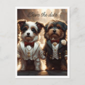 2つの可愛い犬のグルームズゲイウェディングデートを保存 案内ポストカード (正面)