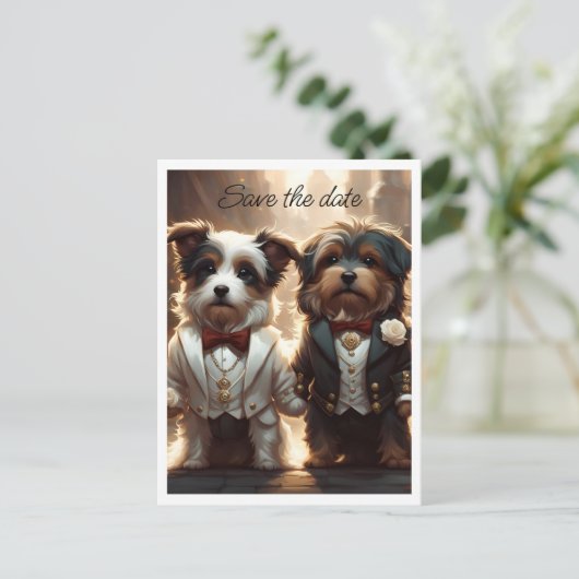 2つの可愛い犬のグルームズゲイウェディングデートを保存 案内ポストカード (スタンド正面)