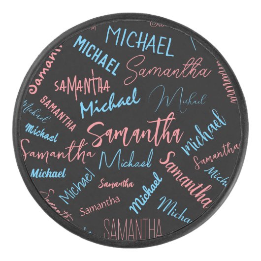 2つの名前のカップルのパターンmonogram青ライトピンク アイスホッケーパック (正面)