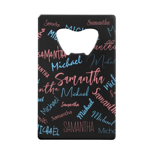 2つの名前のカップルのパターンmonogram青ライトピンク クレジットカード栓抜き (正面)